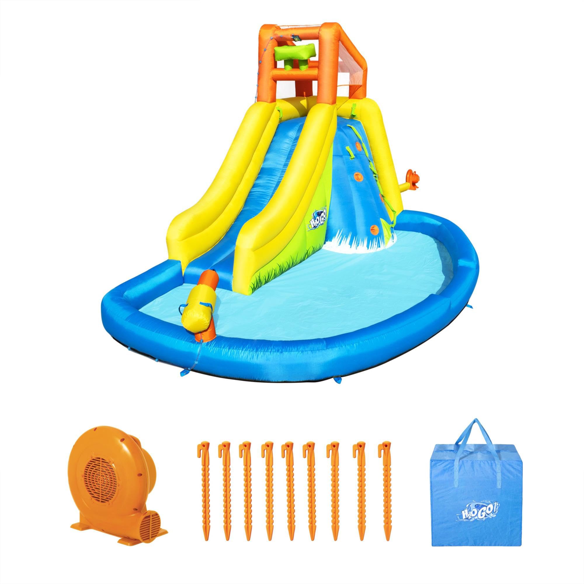 Bestway H2OGO! Mount Splashmore Kids Inflatable Outdoor Backyard Water Slide Splash Mega Park Toy w/Climbing Wall, Slide, Splash Zone, & Spray Blaster.