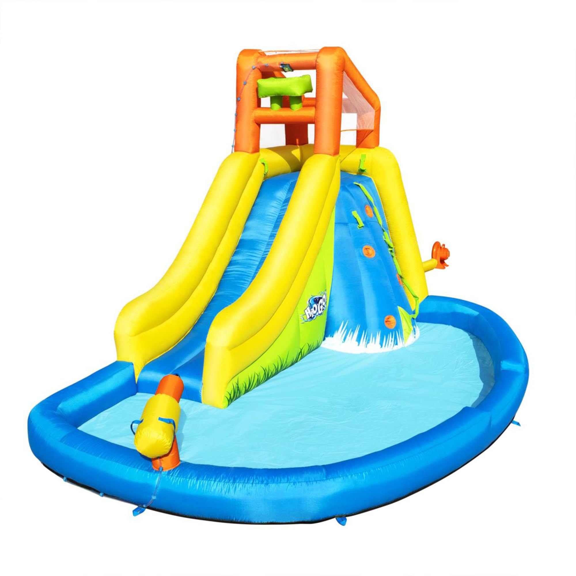 Bestway H2OGO! Mount Splashmore Kids Inflatable Outdoor Backyard Water Slide Splash Mega Park Toy w/Climbing Wall, Slide, Splash Zone, & Spray Blaster.