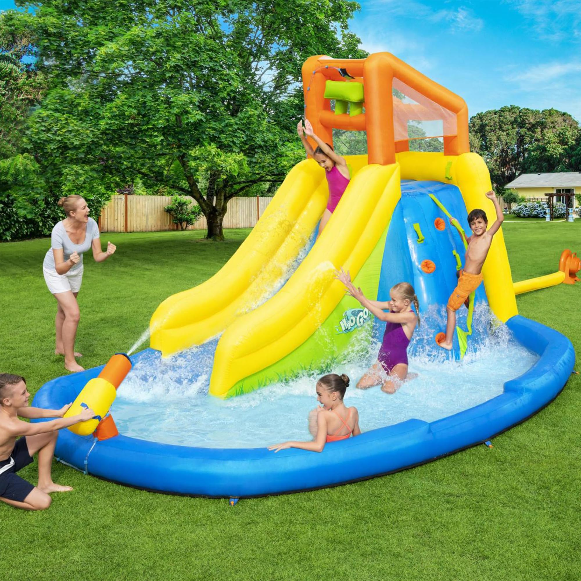 Bestway H2OGO! Mount Splashmore Kids Inflatable Outdoor Backyard Water Slide Splash Mega Park Toy w/Climbing Wall, Slide, Splash Zone, & Spray Blaster.