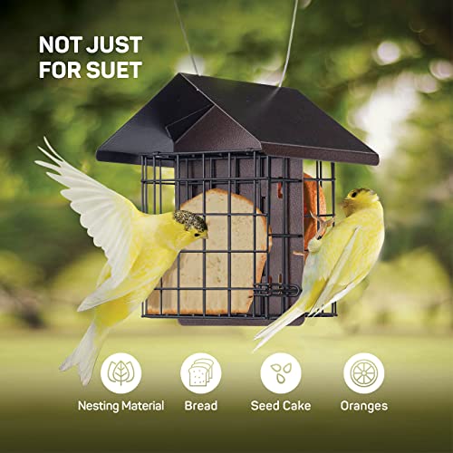 Suet Bird Feeder for Outside [Double Capacity] Suet Wild Bird Feeder with Hanging Metal Roof, Suet Feeders for Outside, for Use with Suet Cakes, Seed Cakes, Mealworm Cakes