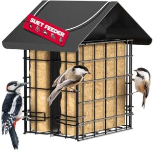 suet bird feeder for outside [double capacity] suet wild bird feeder with hanging metal roof, suet feeders for outside, for use with suet cakes, seed cakes, mealworm cakes