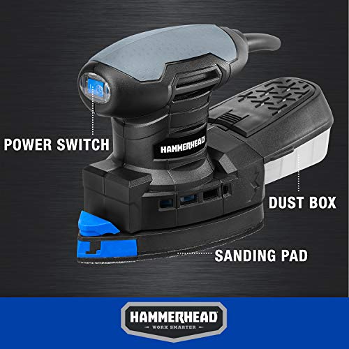 Hammerhead 1.4-Amp Multi-Function Detail Sander with 12pcs Sandpaper, Dust Collection System, and Detail Attachment - HADS014