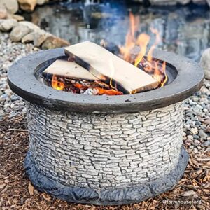 sunjoy 32 in. fire pits for outside, patio round stone wood-burning large fire pits with mesh spark screen and fire poker for outside, brown and gray
