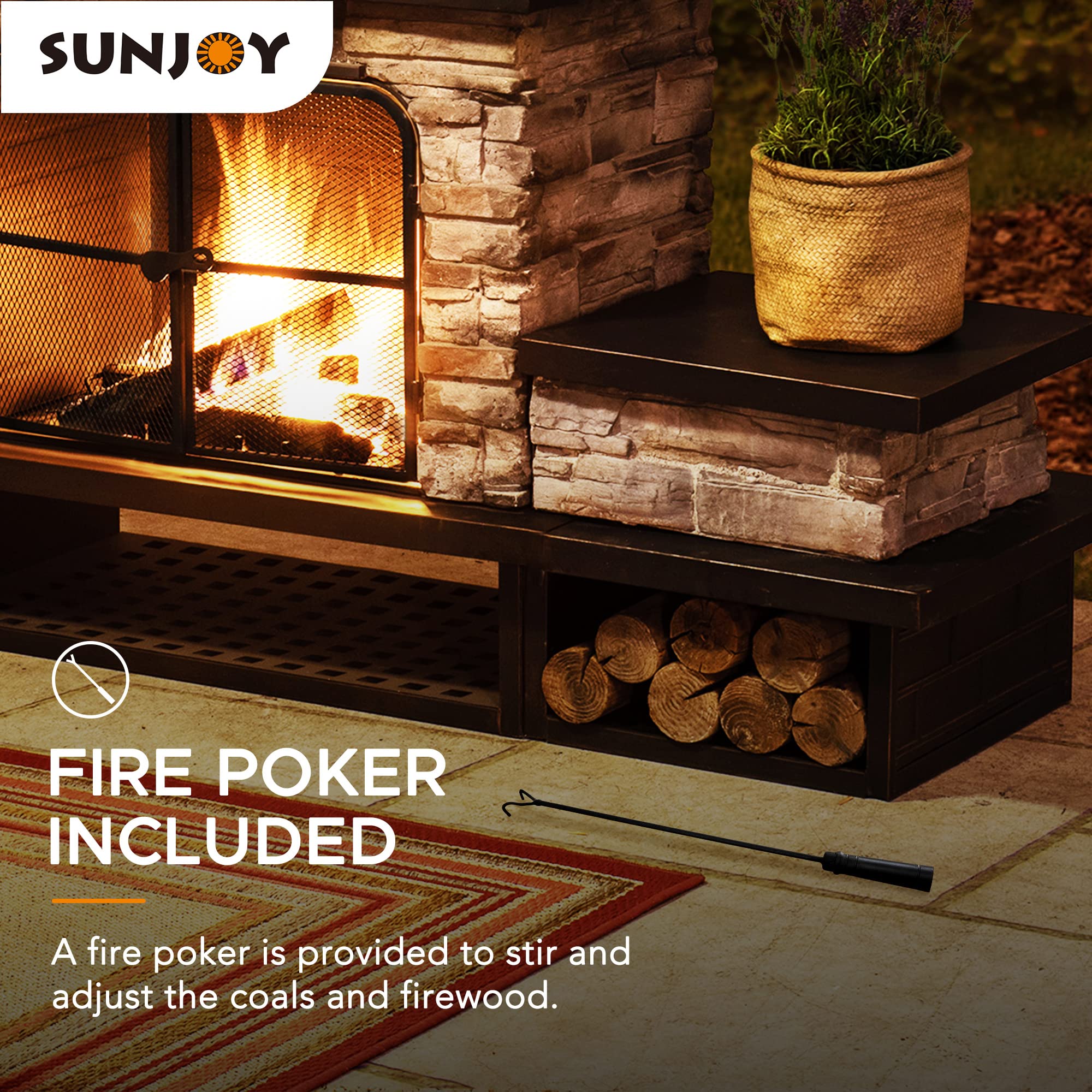 Sunjoy Outdoor Fireplace, Patio Wood Burning Fireplace with Steel Chimney, Mesh Spark Screen Doors, Fire Poker, and Removable Grate, Copper and Black