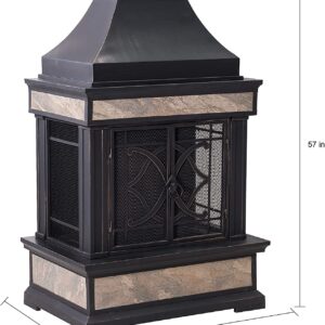 Sunjoy Outdoor Fireplace, Heirloom Patio Wood Burning Steel Fireplace with Chimney, Spark Screen, Fire Poker, and Removable Grate, Black