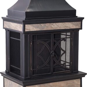 Sunjoy Outdoor Fireplace, Heirloom Patio Wood Burning Steel Fireplace with Chimney, Spark Screen, Fire Poker, and Removable Grate, Black