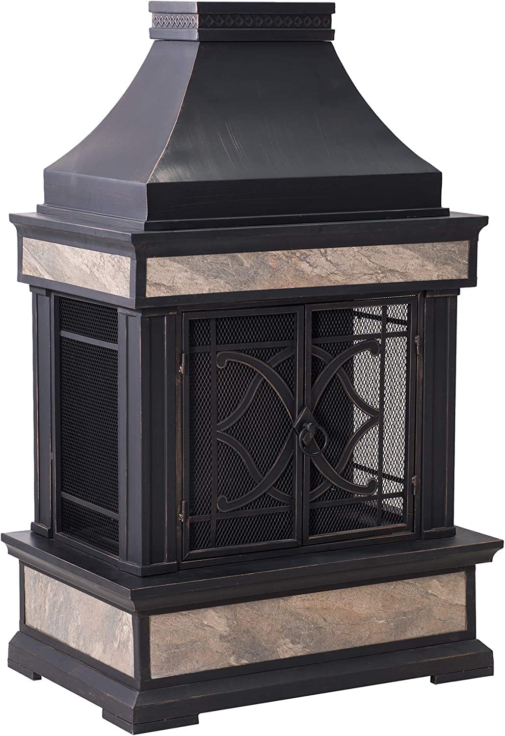 Sunjoy Outdoor Fireplace, Heirloom Patio Wood Burning Steel Fireplace with Chimney, Spark Screen, Fire Poker, and Removable Grate, Black