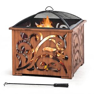 sunjoy 26 in. fire pit for outside, patio square wood burning extra deep firepits with spark screen and poker, copper