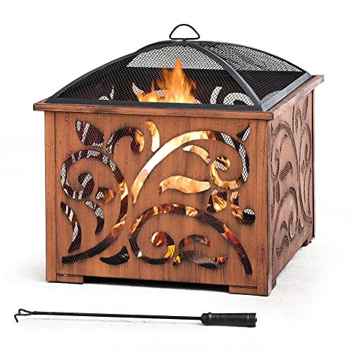 Sunjoy 26 in. Fire Pit for Outside, Patio Square Wood Burning Extra Deep Firepits with Spark Screen and Poker, Copper