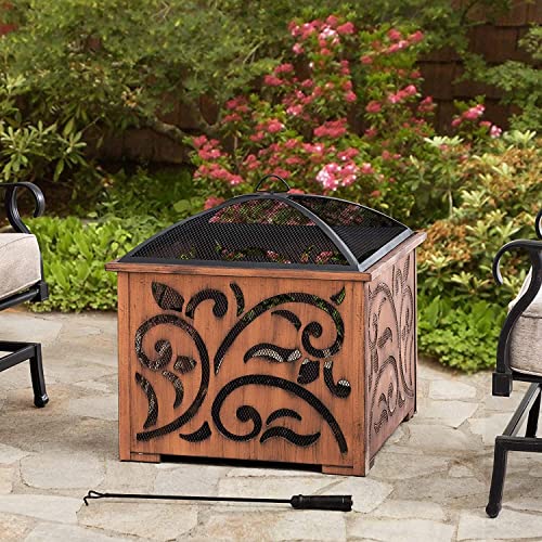 Sunjoy 26 in. Fire Pit for Outside, Patio Square Wood Burning Extra Deep Firepits with Spark Screen and Poker, Copper