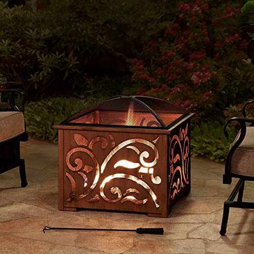 Sunjoy 26 in. Fire Pit for Outside, Patio Square Wood Burning Extra Deep Firepits with Spark Screen and Poker, Copper