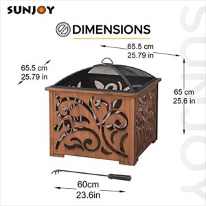 Sunjoy 26 in. Fire Pit for Outside, Patio Square Wood Burning Extra Deep Firepits with Spark Screen and Poker, Copper