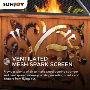Sunjoy 26 in. Fire Pit for Outside, Patio Square Wood Burning Extra Deep Firepits with Spark Screen and Poker, Copper