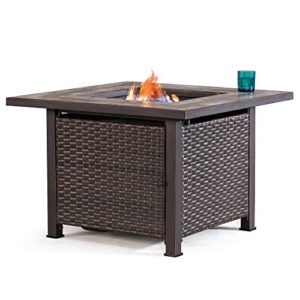 sunjoy 38" gas fire pit table, outdoor patio brown square all-weather wicker ceramic tile top propane burning fire pit table with lid and lava rocks