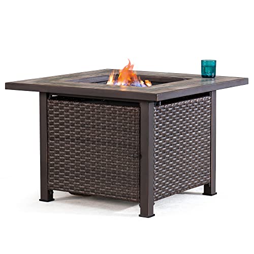 Sunjoy 38" Gas Fire Pit Table, Outdoor Patio Brown Square All-Weather Wicker Ceramic Tile Top Propane Burning Fire Pit Table with Lid and Lava Rocks