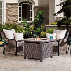 Sunjoy 38" Gas Fire Pit Table, Outdoor Patio Brown Square All-Weather Wicker Ceramic Tile Top Propane Burning Fire Pit Table with Lid and Lava Rocks