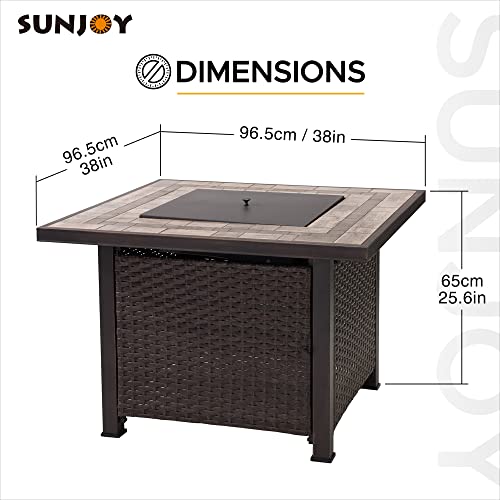 Sunjoy 38" Gas Fire Pit Table, Outdoor Patio Brown Square All-Weather Wicker Ceramic Tile Top Propane Burning Fire Pit Table with Lid and Lava Rocks