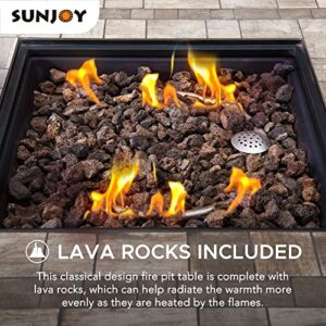 Sunjoy 38" Gas Fire Pit Table, Outdoor Patio Brown Square All-Weather Wicker Ceramic Tile Top Propane Burning Fire Pit Table with Lid and Lava Rocks