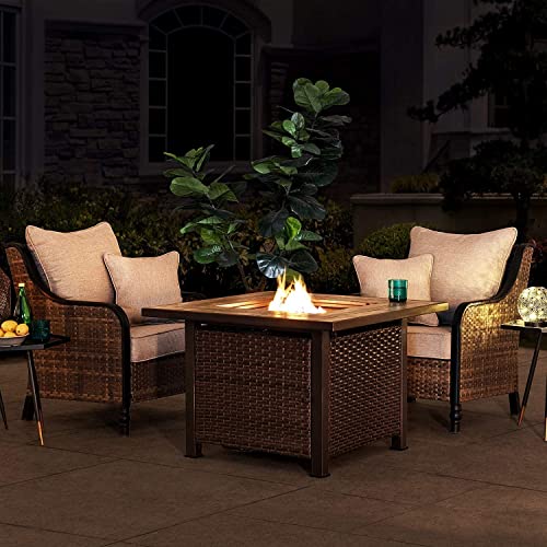 Sunjoy 38" Gas Fire Pit Table, Outdoor Patio Brown Square All-Weather Wicker Ceramic Tile Top Propane Burning Fire Pit Table with Lid and Lava Rocks