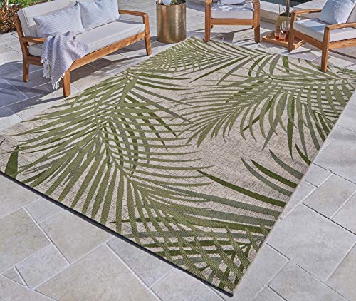 Gertmenian Indoor Outdoor Area Rug, Classic Flatweave, Washable, Stain & UV Resistant Carpet, Deck, Patio, Poolside & Mudroom, 8x10 Ft Large, Royal Palm Leaf, Green, 21952