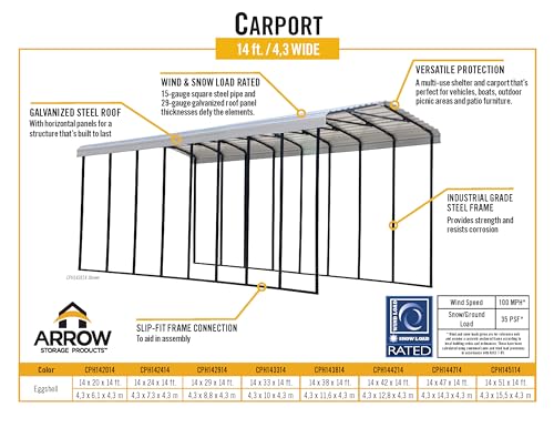 Arrow Carports Galvanized Steel Carport, RV Metal Carport Kit, 14' x 42' x 14', Eggshell