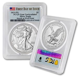 2023 (w) 1 oz american silver eagle coin gem uncirculated (first day of issue - struck at west point - flag label) $1 pcgs gemunc