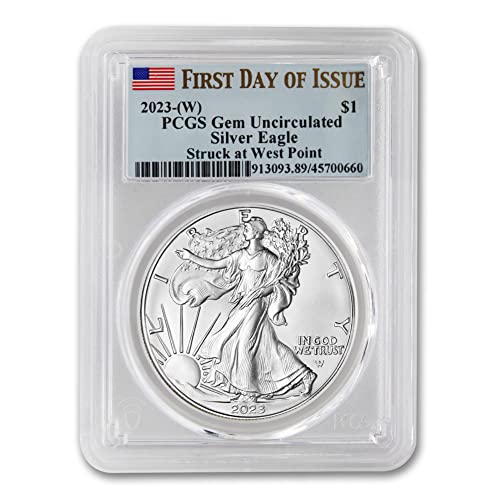 2023 (W) 1 oz American Silver Eagle Coin Gem Uncirculated (First Day of Issue - Struck at West Point - Flag Label) $1 PCGS GEMUNC