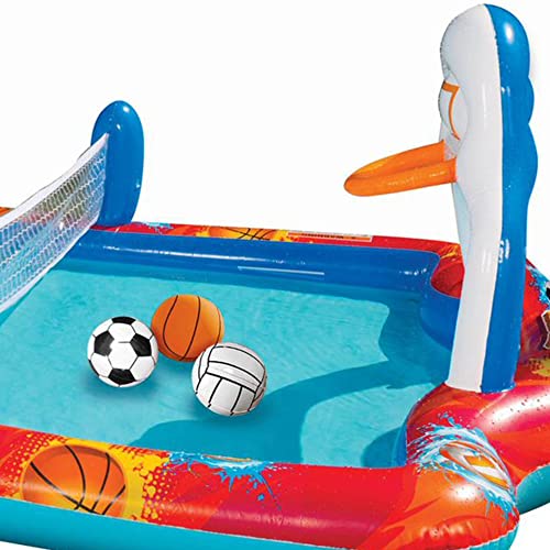 Banzai Outdoor Inflatable Sports Arena 4 in 1 Play Center Water Park Pool with Soccer, Volleyball, and Basketball Sports Ball, Ages 3+