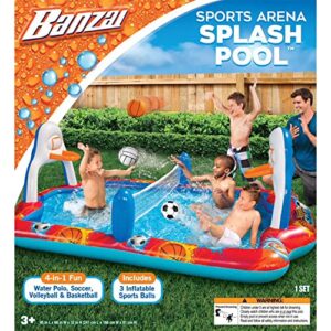 Banzai Outdoor Inflatable Sports Arena 4 in 1 Play Center Water Park Pool with Soccer, Volleyball, and Basketball Sports Ball, Ages 3+