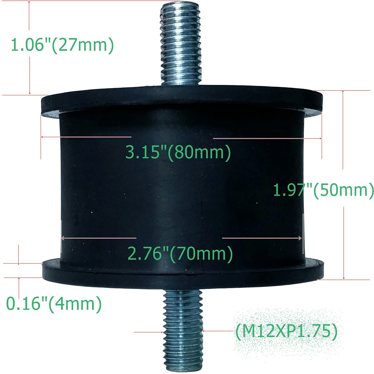 Large- Sized Rubber Cylindrical Vibration Isolator Mount with M12 Threads for Pump,Generator,Engine,Compressor, Motors,etc.