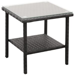 outdoor wicker glass top side table - patio balcony deck pool square end table with storage, black