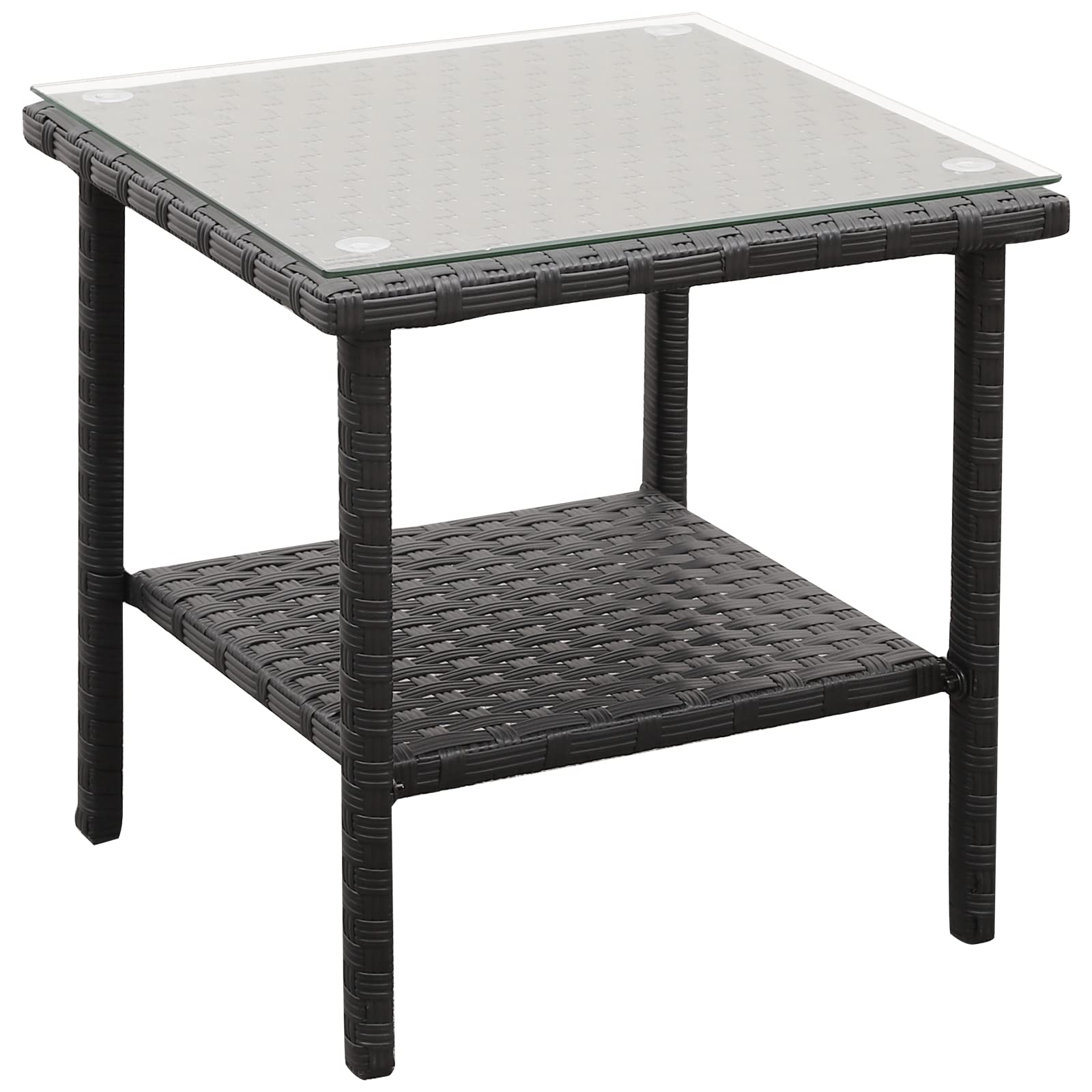 Outdoor Wicker Glass Top Side Table - Patio Balcony Deck Pool Square End Table with Storage, Black