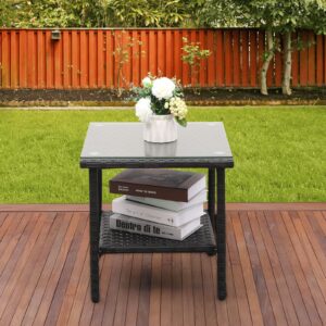 Outdoor Wicker Glass Top Side Table - Patio Balcony Deck Pool Square End Table with Storage, Black