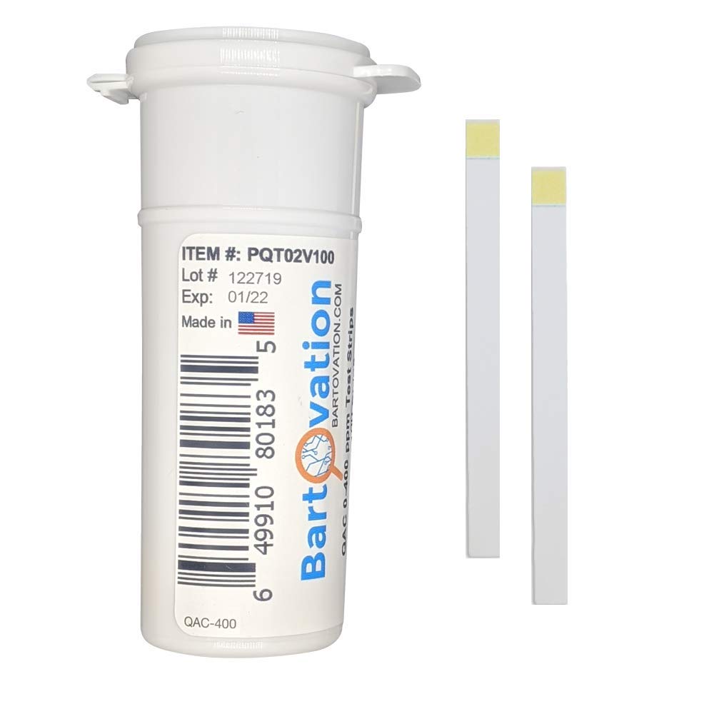 Restaurant Quaternary Ammonium (QAC, Multi Quat) Sanitizer Plastic Test Strips, 0-400 ppm [Vial of 100 Strips]