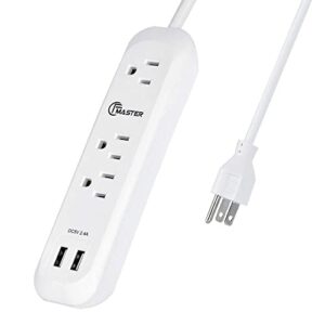 usb power strip surge protector long extension cord 6 feet, 3 outlets, 2 usb ports (2.4a/12w), overload protection, mountable power strip for home office, 1250w/10a, sgs listed, white