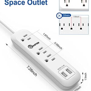 USB Power Strip Surge Protector Long Extension Cord 6 feet, 3 Outlets, 2 USB Ports (2.4A/12W), Overload Protection, Mountable Power Strip for Home Office, 1250W/10A, SGS Listed, White