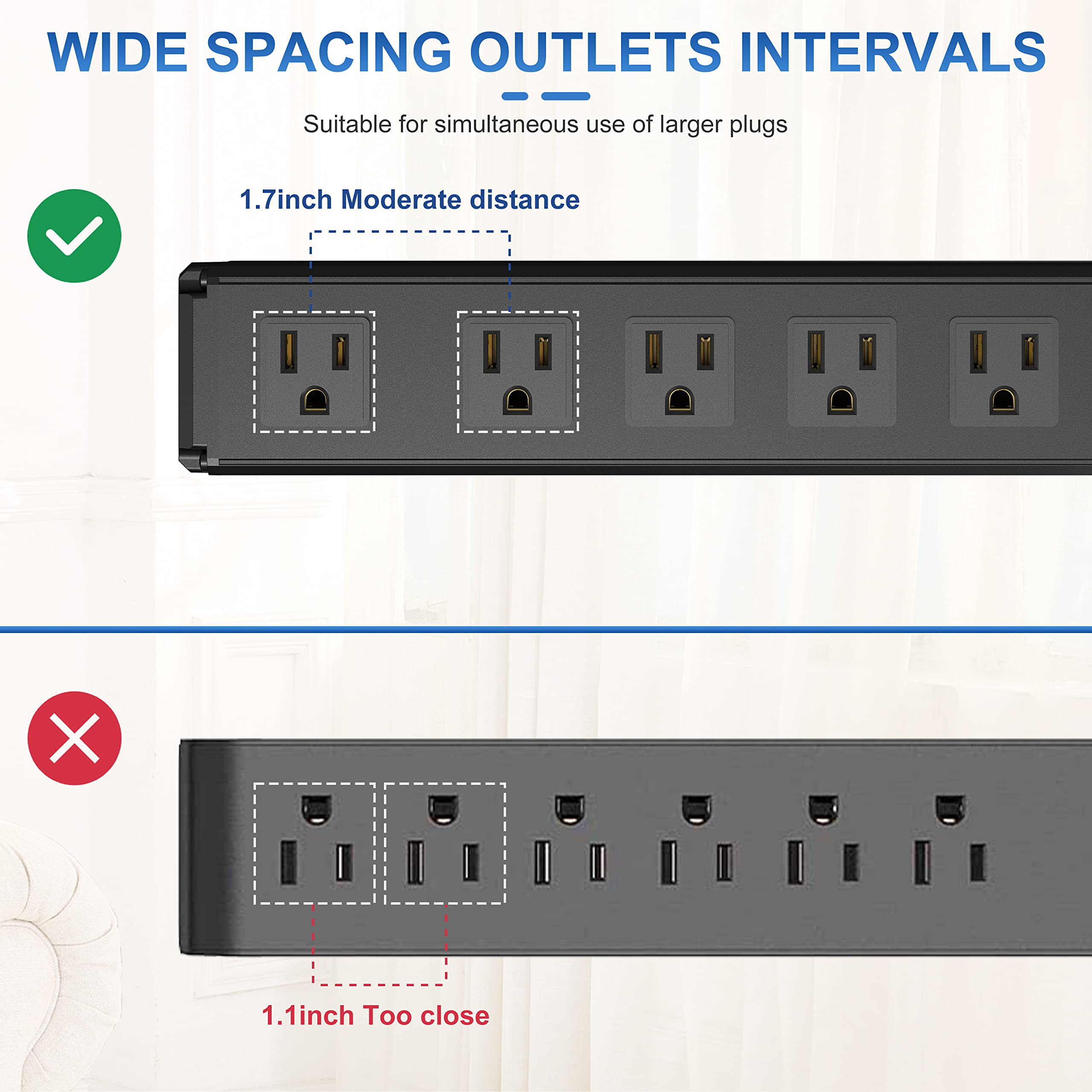 6 Outlets Metal Power Strip Surge Protector with Long Extension Cord 6 feet, 3 Prong Wall Mountable, Overload Protection Switch ON/Off, Black Heavy Duty Power Strip for Home, Office, Dorm Essentials