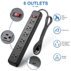 6 Outlets Metal Power Strip Surge Protector with Long Extension Cord 6 feet, 3 Prong Wall Mountable, Overload Protection Switch ON/Off, Black Heavy Duty Power Strip for Home, Office, Dorm Essentials