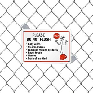 SmartSign 7 x 10 inch “Please Do Not Flush - Wipes, Feminine Hygiene Products, Paper Towels, Tissues, Trash” Bathroom Etiquette Sign with Funny STOP Symbol, 55 mil HDPE Plastic, Red, Black and White