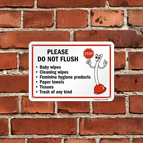 SmartSign 7 x 10 inch “Please Do Not Flush - Wipes, Feminine Hygiene Products, Paper Towels, Tissues, Trash” Bathroom Etiquette Sign with Funny STOP Symbol, 55 mil HDPE Plastic, Red, Black and White