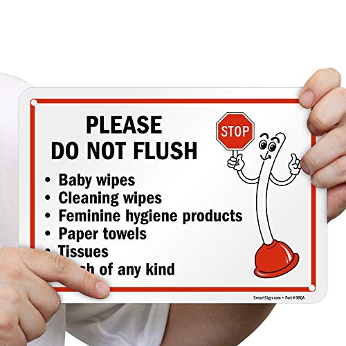 SmartSign 7 x 10 inch “Please Do Not Flush - Wipes, Feminine Hygiene Products, Paper Towels, Tissues, Trash” Bathroom Etiquette Sign with Funny STOP Symbol, 55 mil HDPE Plastic, Red, Black and White