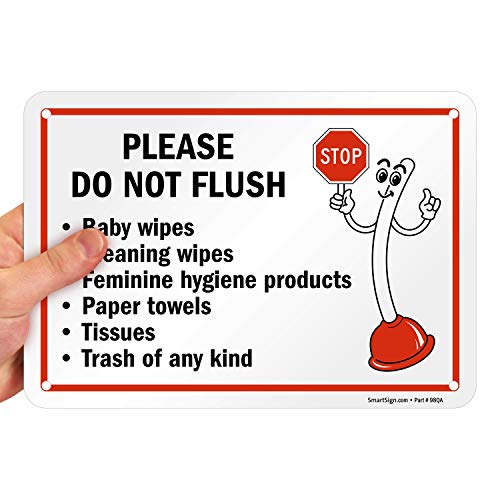 SmartSign 7 x 10 inch “Please Do Not Flush - Wipes, Feminine Hygiene Products, Paper Towels, Tissues, Trash” Bathroom Etiquette Sign with Funny STOP Symbol, 55 mil HDPE Plastic, Red, Black and White