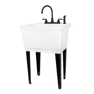 utility sink laundry tub with gooseneck faucet by js jackson supplies, heavy duty slop sinks for basement, laundry room, garage or shop, large free standing wash station (black faucet)