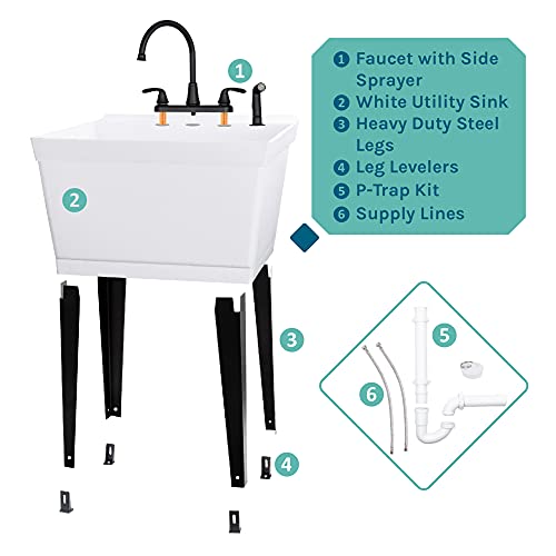 Utility Sink Laundry Tub with Gooseneck Faucet by JS Jackson Supplies, Heavy Duty Slop Sinks for Basement, Laundry Room, Garage or Shop, Large Free Standing Wash Station (Black Faucet)