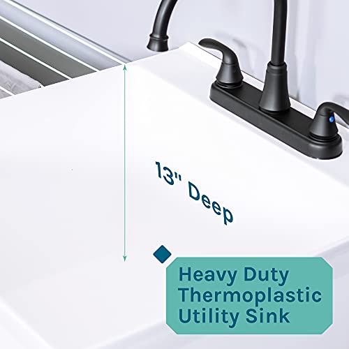 Utility Sink Laundry Tub with Gooseneck Faucet by JS Jackson Supplies, Heavy Duty Slop Sinks for Basement, Laundry Room, Garage or Shop, Large Free Standing Wash Station (Black Faucet)