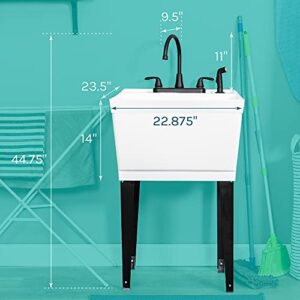 Utility Sink Laundry Tub with Gooseneck Faucet by JS Jackson Supplies, Heavy Duty Slop Sinks for Basement, Laundry Room, Garage or Shop, Large Free Standing Wash Station (Black Faucet)