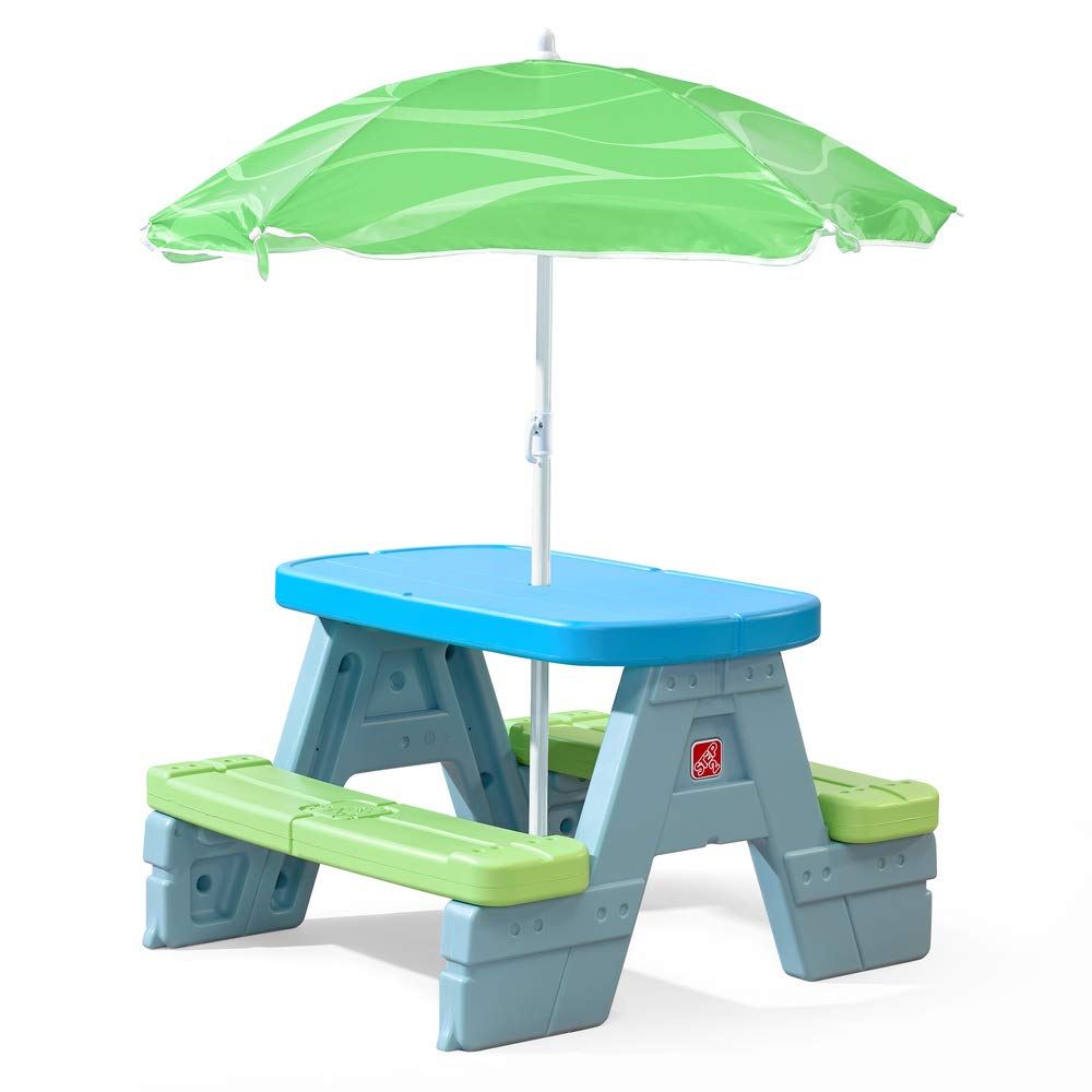 Step2 Sun & Shade Kids Picnic Table with Removable Umbrella – Indoor/Outdoor Kids Picnic Table Seats Four – Easily Assembly and Store the Kids Table – Yard Friendly Colors – Amazon Exclusive