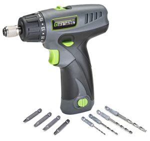 genesis glsd08b 8v lithium-ion battery-powered quick-change 2-speed cordless screwdriver with led work light, battery pack, charging stand, 4 hex-shank drill bits, and 4 screwdriver bits