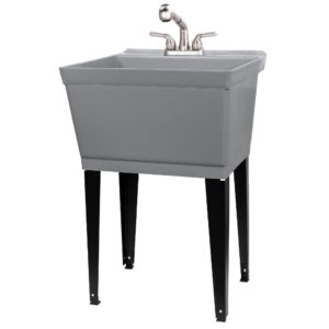grey utility sink laundry tub with pull out stainless steel finish faucet, sprayer spout, heavy duty slop sinks for basement, garage or shop, large free standing wash station tubs and drainage