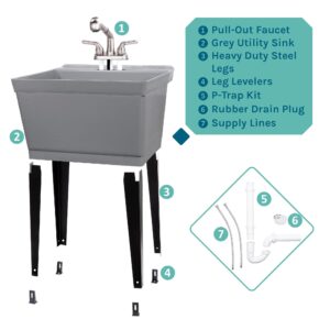 Grey Utility Sink Laundry Tub With Pull Out Stainless Steel Finish Faucet, Sprayer Spout, Heavy Duty Slop Sinks For Basement, Garage or Shop, Large Free Standing Wash Station Tubs and Drainage